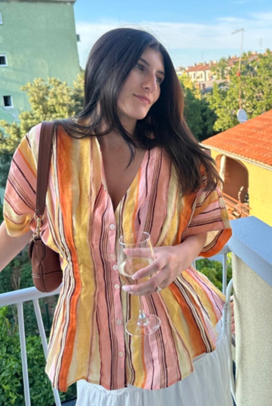 EXQUISE Tobie Linen Stripe Blouse in Orange Stripe Size XS